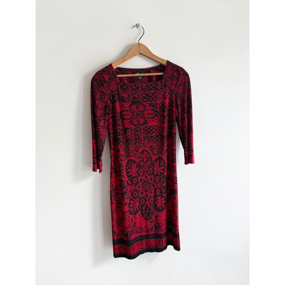 AB Studio Red Black Damask Print Square Neck 3/4 Sleeve Sheath Dress Size 6